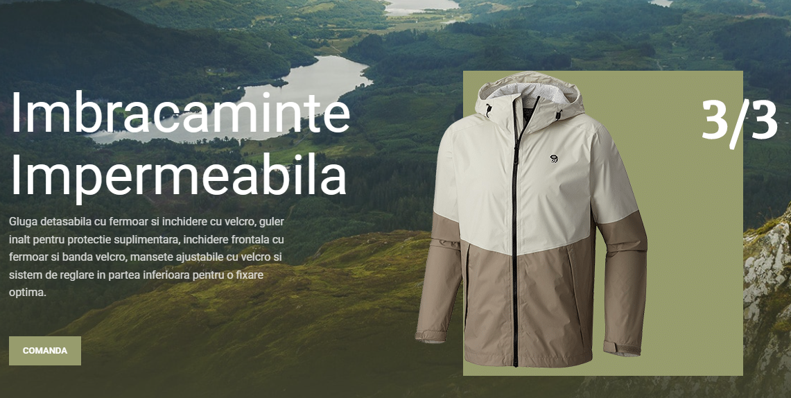 Îmbrăcăminte impermeabilă Outdoor Corner — jachetă pe fundal montan